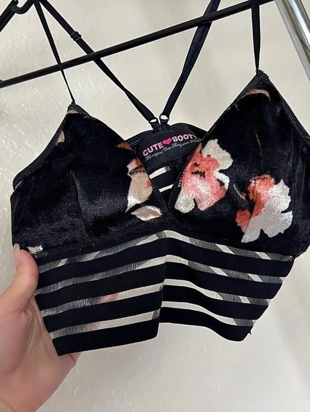 Floral Velvet CuteBooty crop top bralette in Black & Pink S